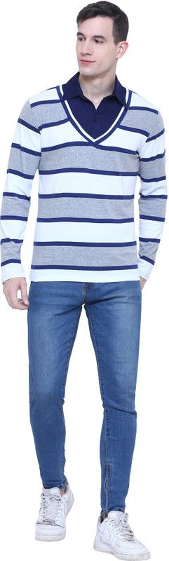 Men Striped Polo Neck Cotton Blend White, Blue, Grey T-Shirt