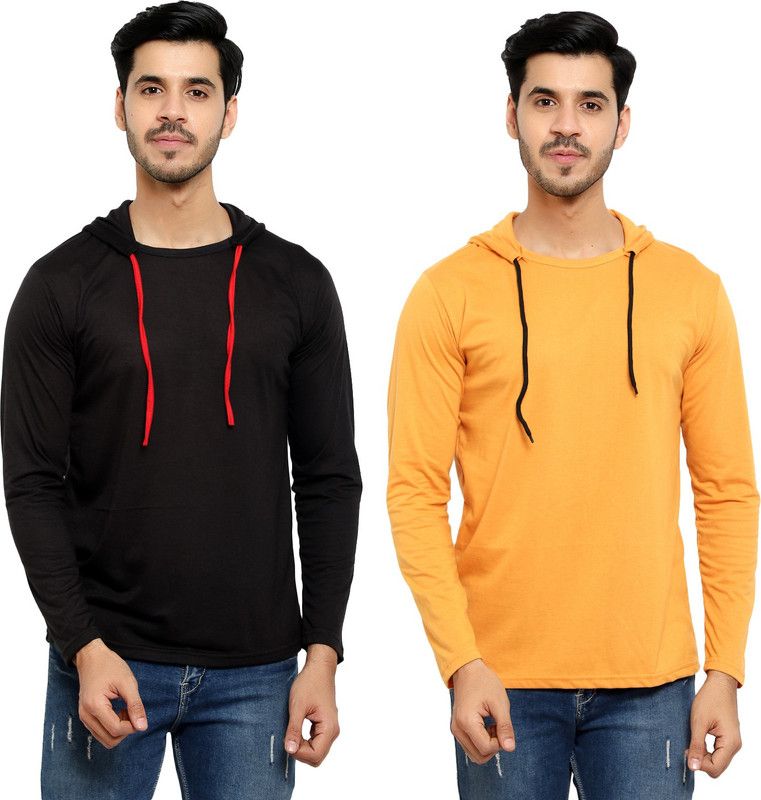 Pack of 2 HMT Men Solid Hooded Neck Cotton Blend Black, Orange T-Shirt