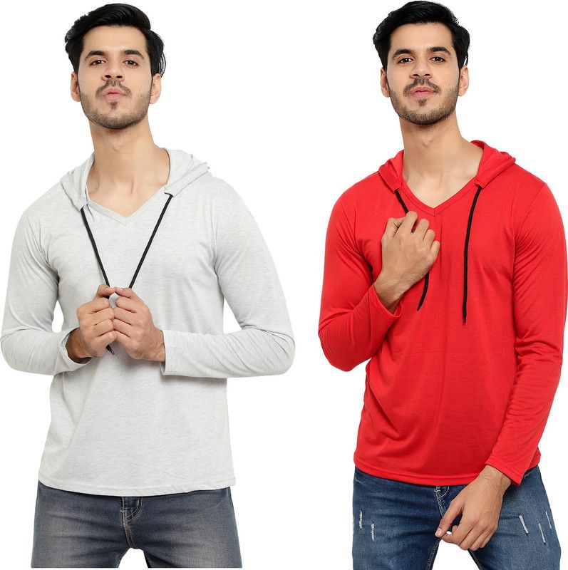 Pack of 2 HMT Men Solid Hooded Neck Cotton Blend Red, Grey T-Shirt