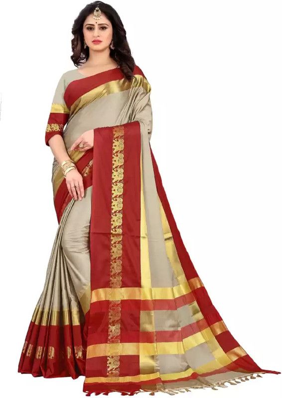 Animal Print Banarasi Jacquard, Cotton Silk Saree  (Red, Beige)
