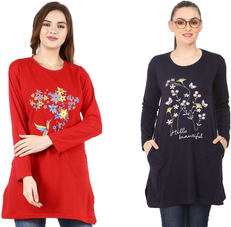 Pack of 2 Women Printed, Solid Polo Neck Cotton Blend Dark Blue, Red T-Shirt