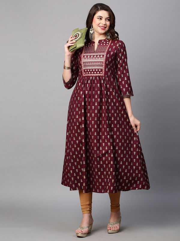 Women Printed Cotton Blend Anarkali Kurta  (Maroon, Gold)