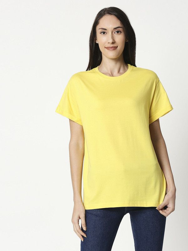 Bewakoof Plain Women Solid Round Neck Pure Cotton Yellow T-Shirt