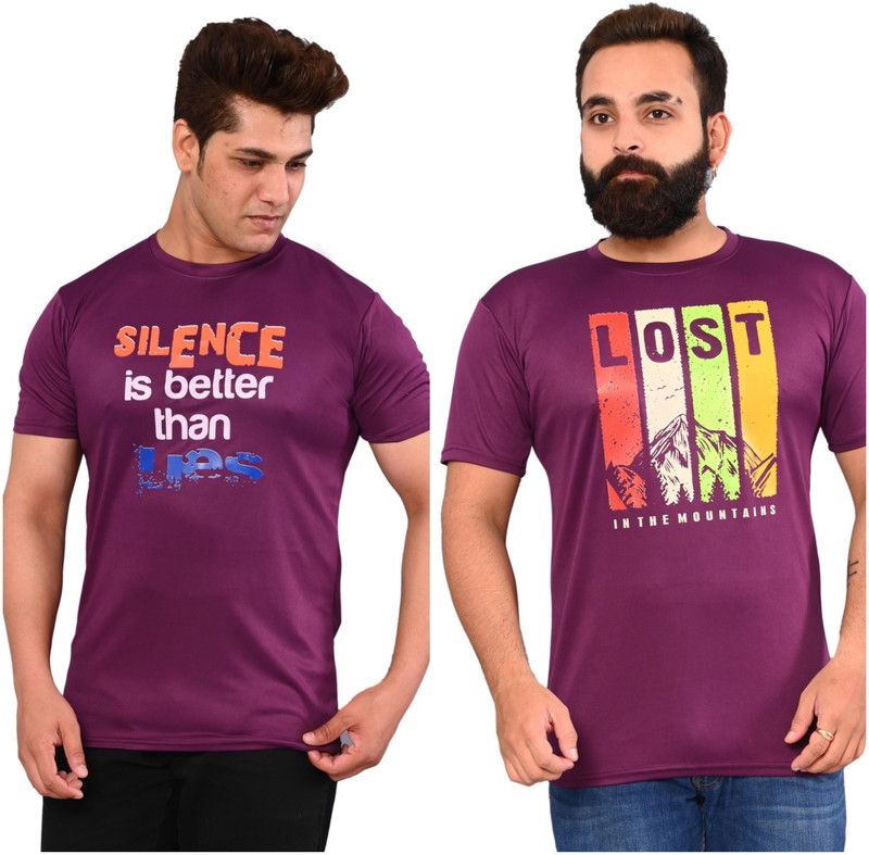 Pack of 2 Men Typography Round Neck Elastane Purple T-Shirt