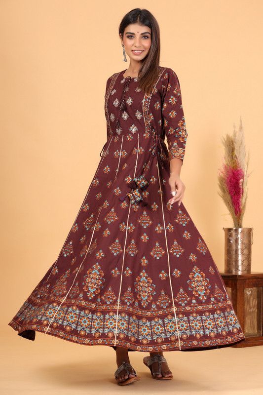 Embellished Pure Cotton Stitched Anarkali Gown  (Maroon)