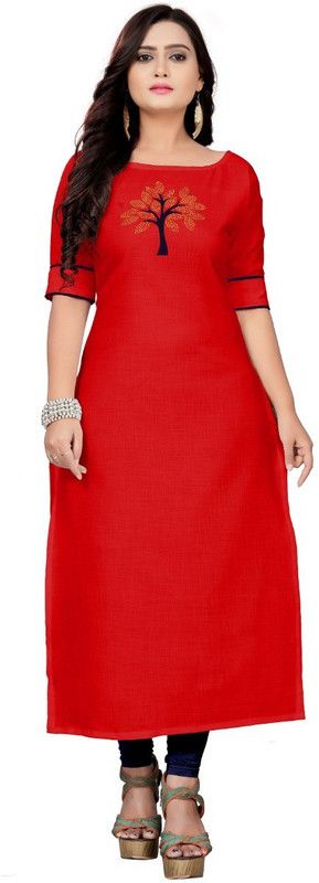 Women Embroidered Cotton Blend Pathani Kurta  (Red)