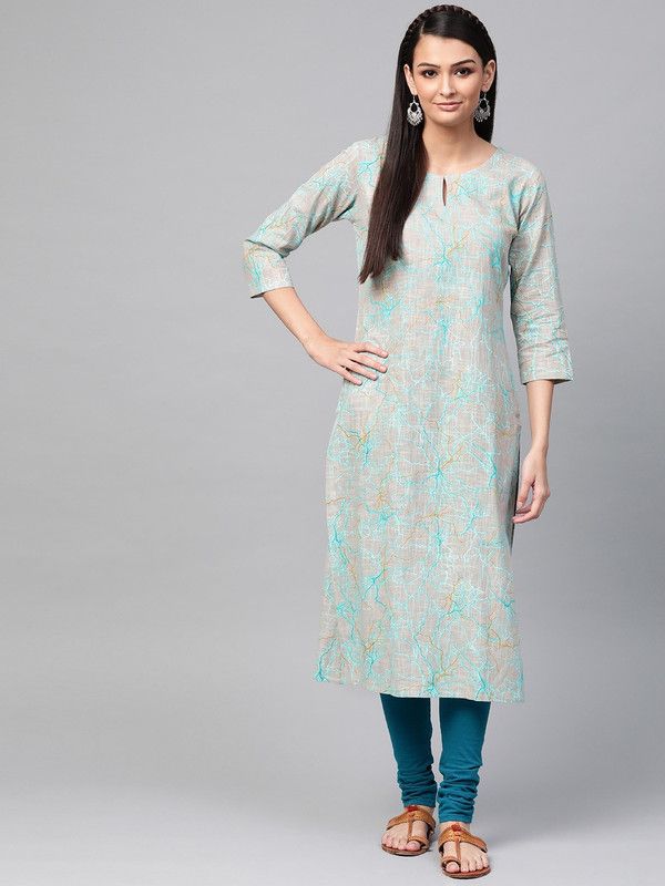 Women Printed Kurta  (Grey, Blue)