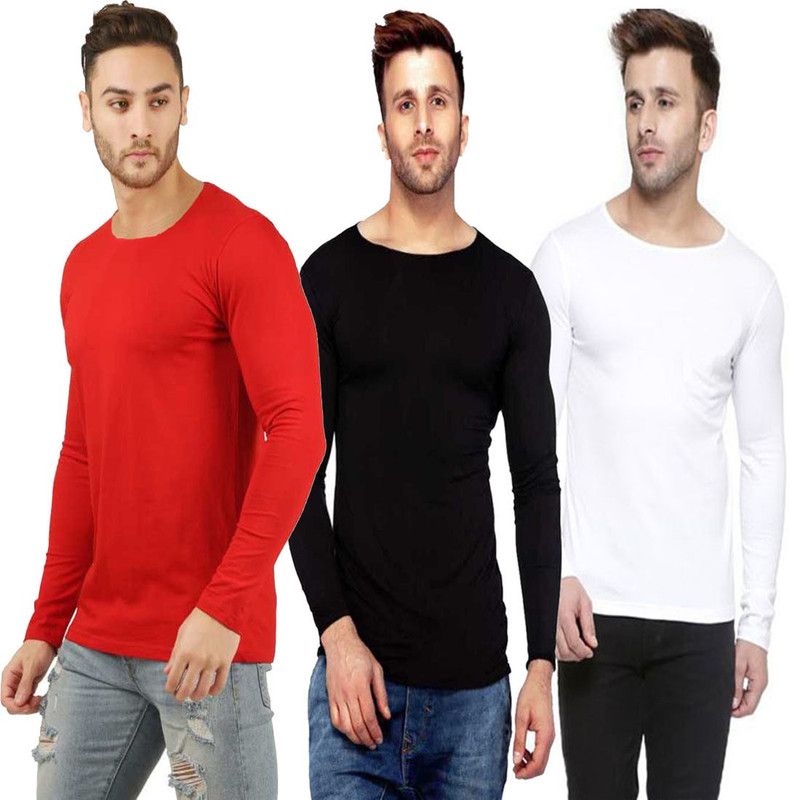 Pack of 3 Men Self Design Round Neck Poly Cotton Red, White, Black T-Shirt