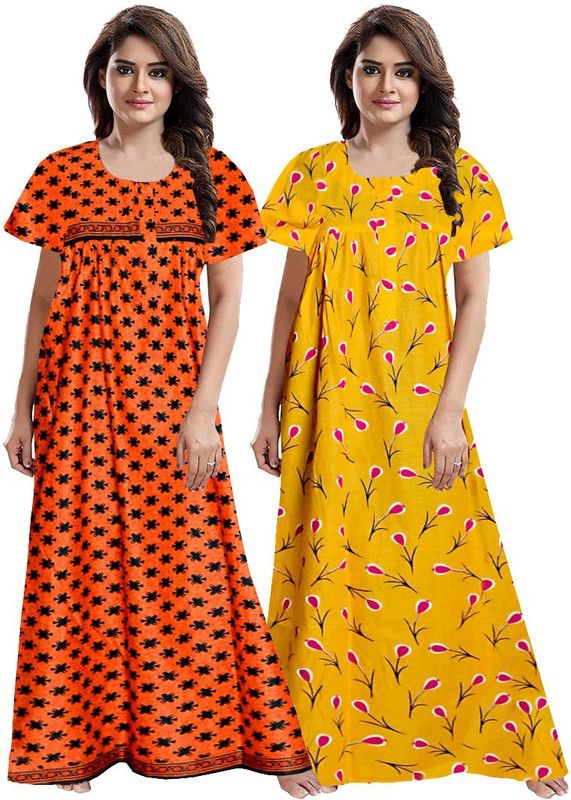 Pack of 2 Women Nighty  (Orange, Yellow)