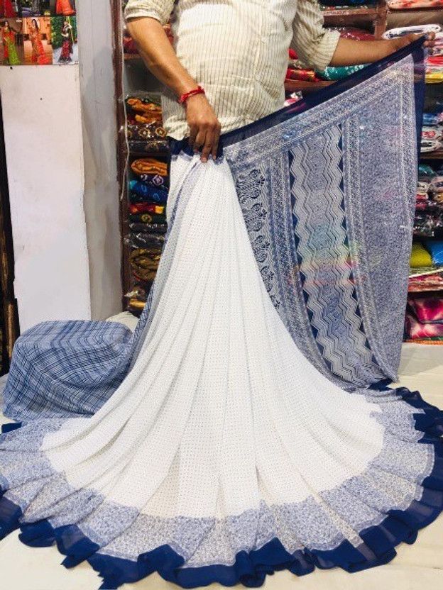 Printed Bollywood Georgette Saree  (Dark Blue, White)