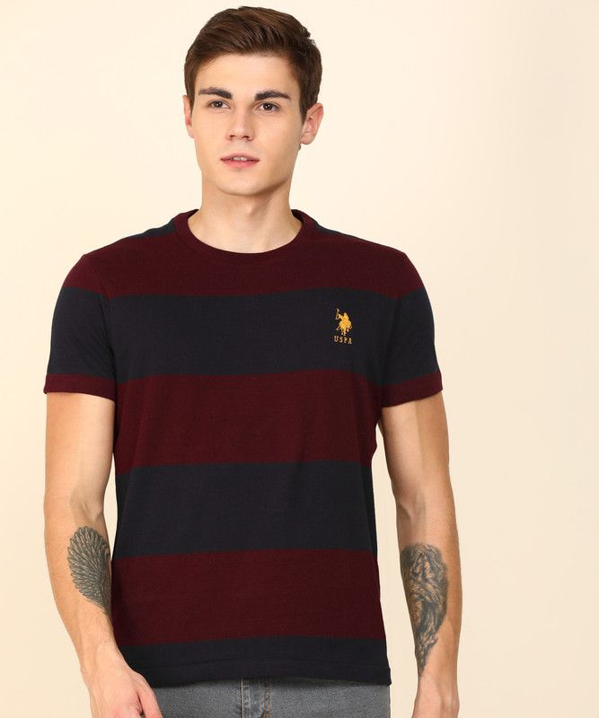 Men Striped Round Neck Pure Cotton Dark Blue, Maroon T-Shirt