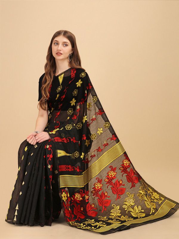 Floral Print Jamdani Cotton Linen Saree  (Black)