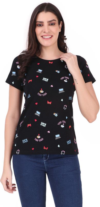 Women T-shirt Women Printed Round Neck Pure Cotton Black T-Shirt
