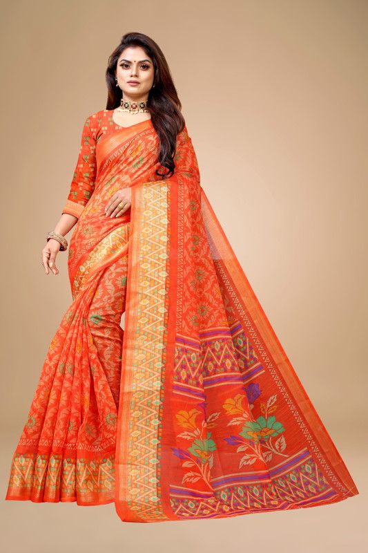 Floral Print Bandhani Cotton Blend Saree  (Orange)