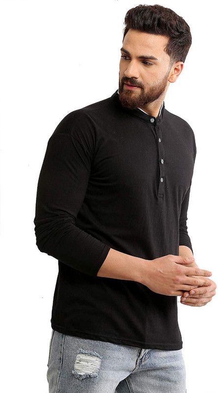 Men Solid Mandarin Collar Pure Cotton Black T-Shirt
