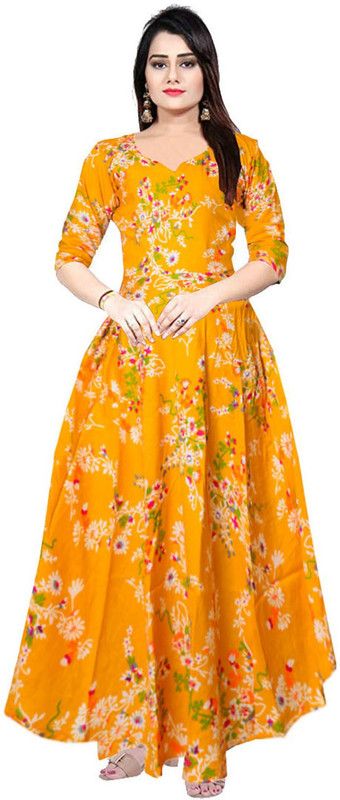 Printed Cotton Rayon Stitched Flared/A-line Gown  (Yellow)