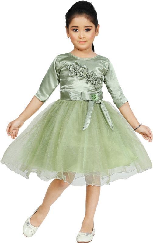 Girls Below Knee Festive/Wedding Dress  (Green, 3/4 Sleeve)