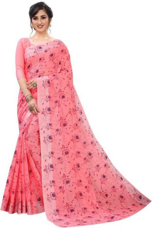 Floral Print Chanderi Cotton Silk Saree  (Pink)