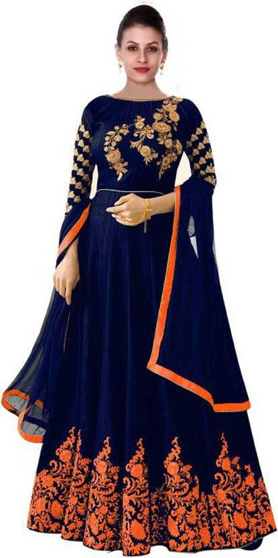 Satin Semi Stitched Anarkali Gown  (Blue, Orange)