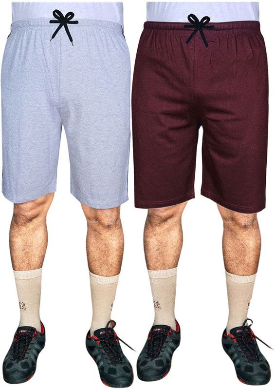 Pack of 2 Solid Men Grey, Maroon Basic Shorts