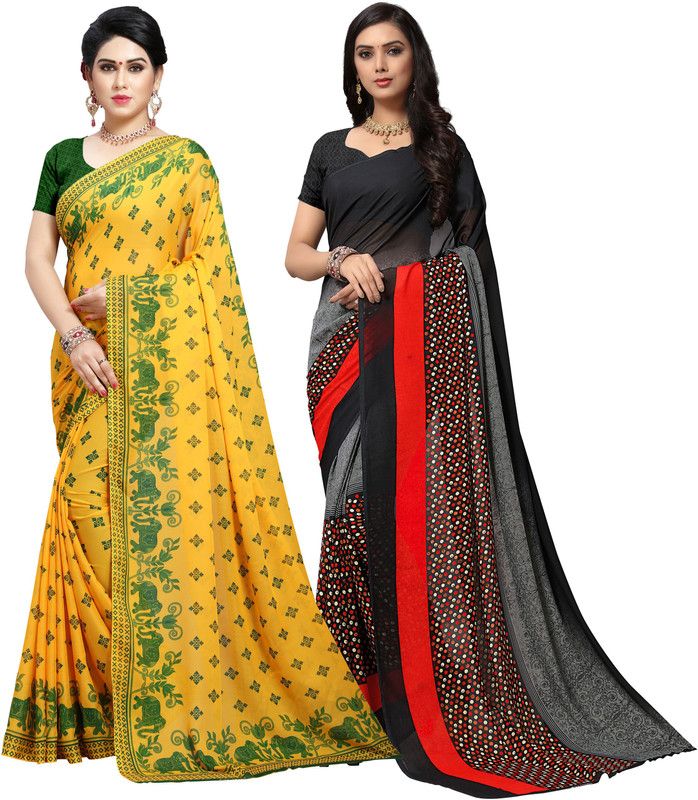 Floral Print Daily Wear Georgette Saree  (Pack of 2, Red, Green, Black, Grey, Yellow)