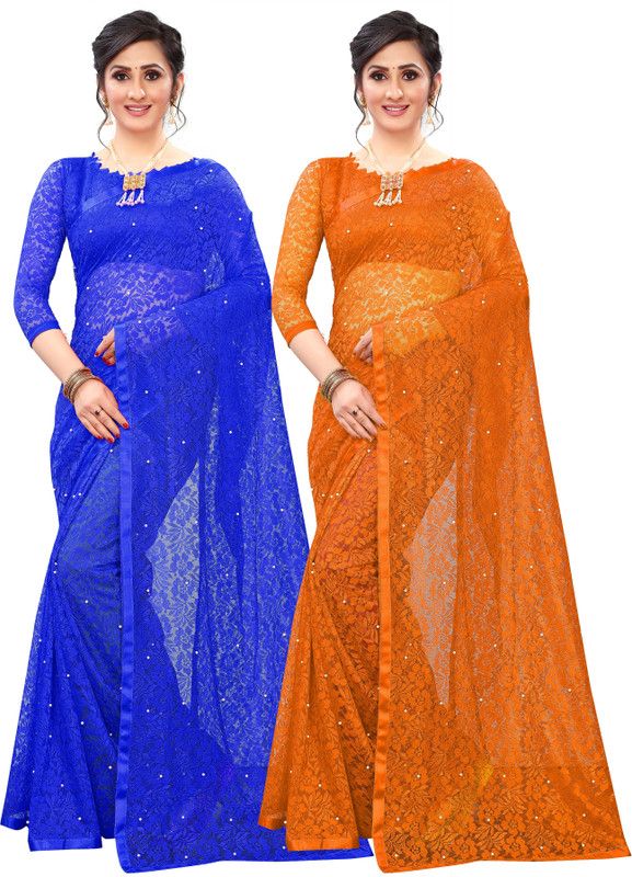 Embellished Bollywood Net Saree  (Pack of 2, Blue, Orange)