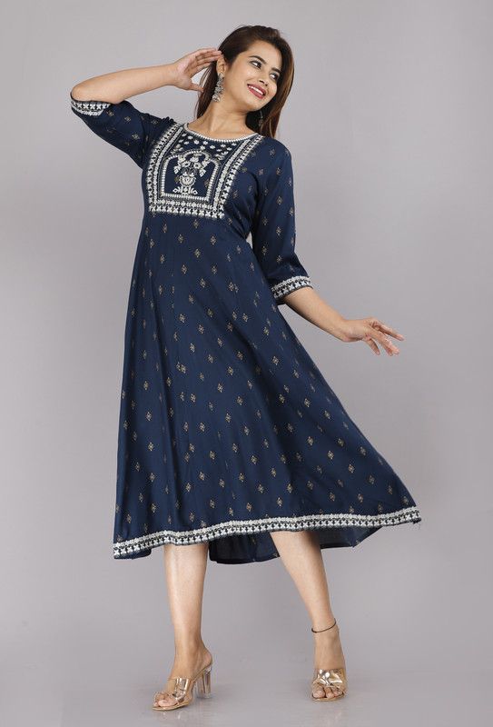 Rayon Blend Stitched Flared/A-line Gown  (Dark Blue)