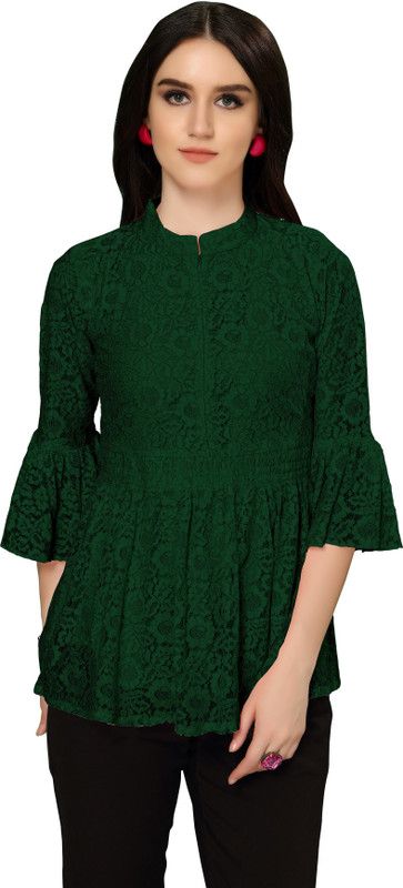 Party Ruffled Sleeves Lace Women Dark Green Top