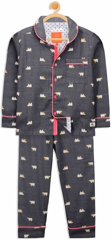 Boys & Girls Printed Cotton Blend Kids Nightwear  (Grey Pack of 1)