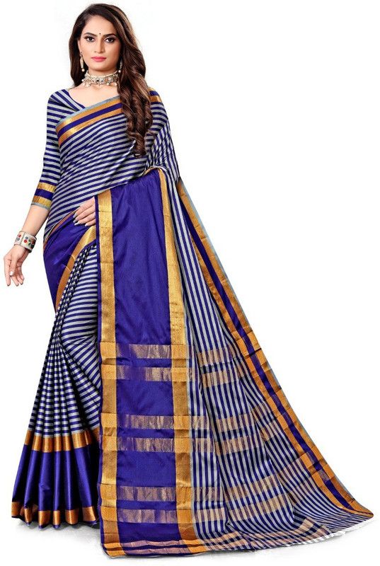 Woven Maheshwari Cotton Blend Saree  (Blue)