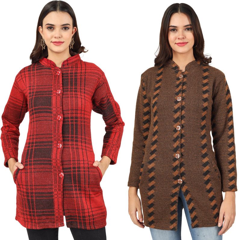 Women Self Design, Checkered Collared Neck Multicolor Sweater