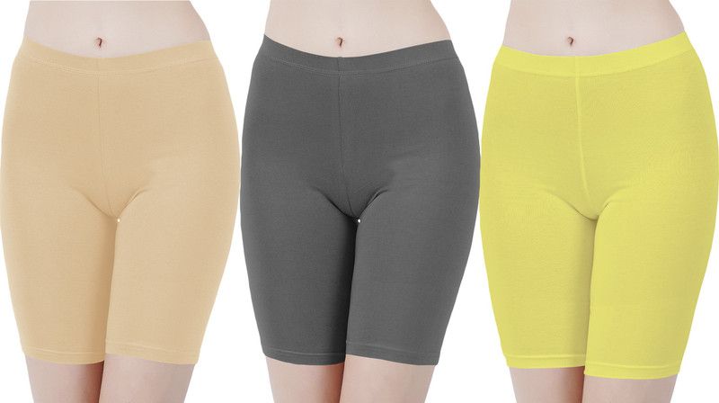 Pack of 3 Solid Women Beige, Grey, Yellow Cycling Shorts