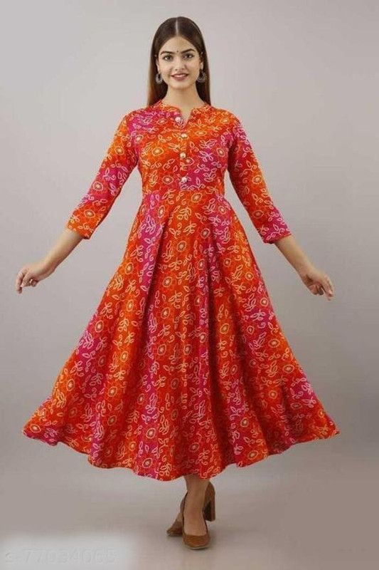 Floral Print Rayon Blend Stitched Anarkali Gown  (Red, Pink)