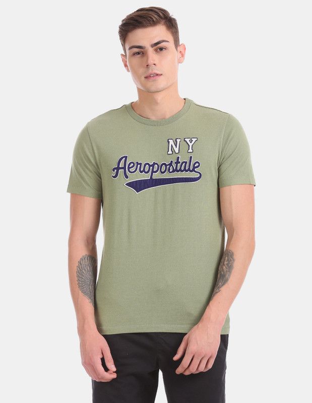 Men Embroidered Round Neck Cotton Blend Green T-Shirt
