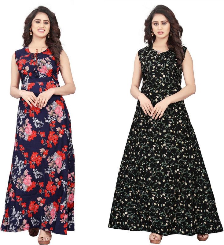 Pack of 2 Women Floral Print Crepe Gown Kurta  (Blue, Black)