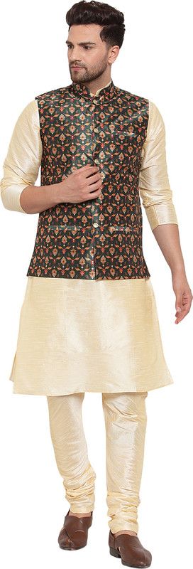 Men Ethnic Jacket, Kurta and Churidar Set Poly Silk