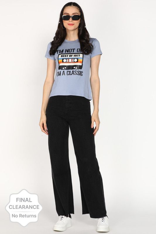 Women T-Shirts Women Graphic Print Round Neck Cotton Blend Light Blue T-Shirt