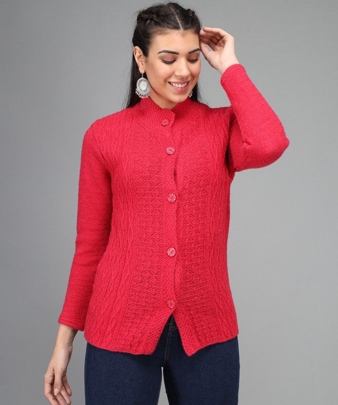Women Self Design Collared Neck Pink Sweater