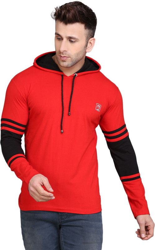 Men Color Block Hooded Neck Cotton Blend Red T-Shirt