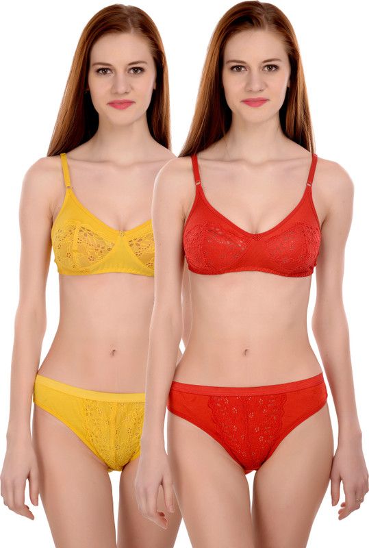 Bra & Panty Set Self Design Red, Yellow Lingerie Set
