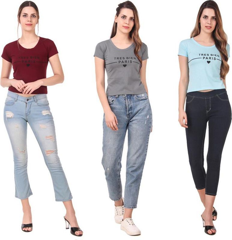 Pack of 3 Women Typography Round Neck Cotton Blend Blue, Maroon, Grey T-Shirt