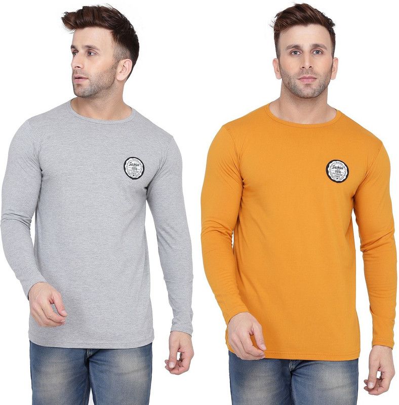 Pack of 2 Men Solid Round Neck Cotton Blend Silver, Gold T-Shirt