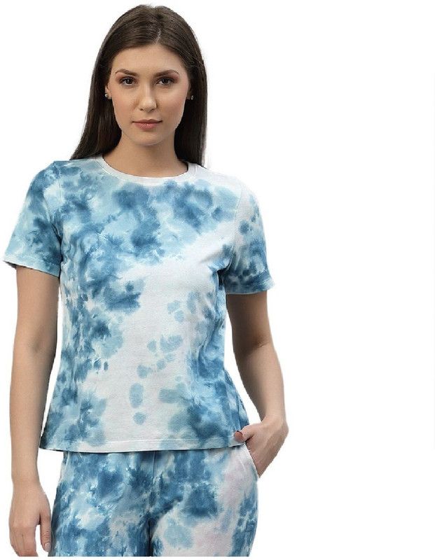 Women Tie & Dye Round Neck Pure Cotton White, Blue T-Shirt