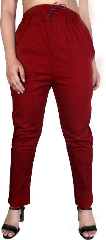 Women Slim Fit Maroon Lycra Blend Trousers