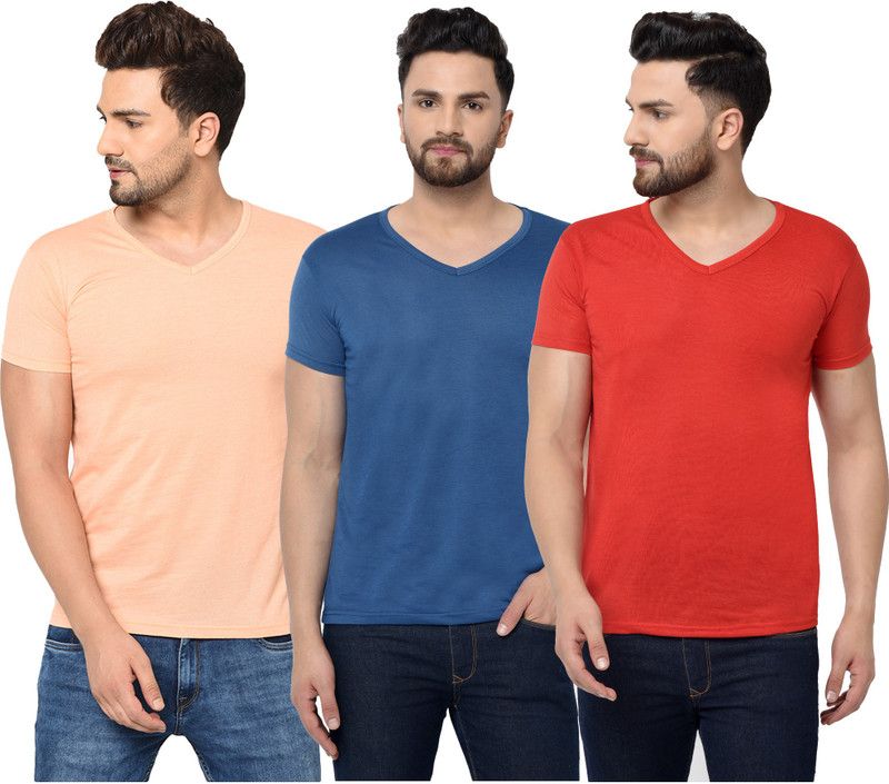 Pack of 3 Men Solid V Neck Cotton Blend Red, Blue, Beige T-Shirt