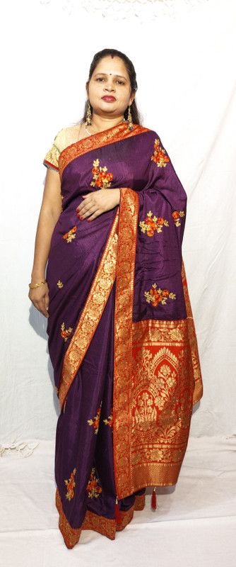 Muslin Silk Blend Saree  (Purple)