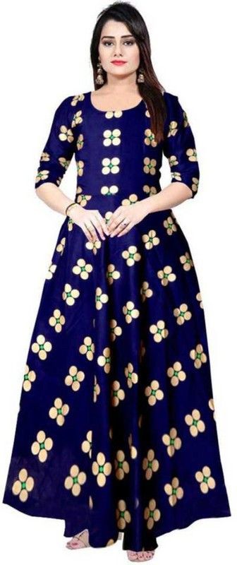 Printed Rayon Blend Stitched Flared/A-line Gown  (Gold, Dark Blue, Green)