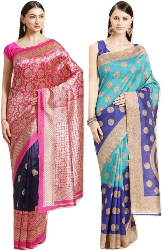 Printed Bollywood Silk Blend Saree  (Pack of 2, Multicolor)