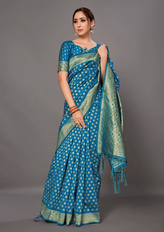Woven Bollywood Silk Blend Saree  (Light Blue)