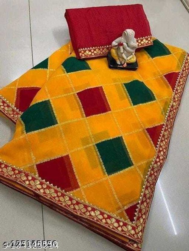 Checkered Daily Wear Georgette Saree  (Yellow)